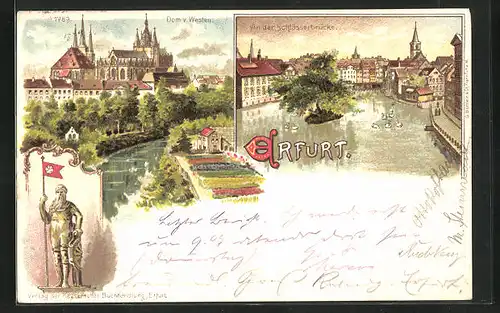 Lithographie Erfurt, Dom v. Westen, Partie an der Schlösserbrücke