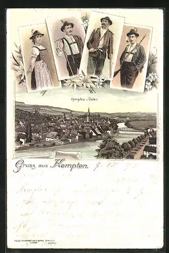 Lithographie Kempten, Männer und Frauen in Trachten, Ortsansicht v. Osten