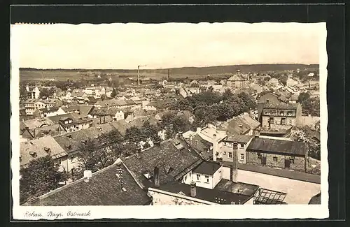 AK Rehau, Blick über die Dächer der Stadt auf Fabrikschornsteine