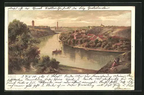 Lithographie Halle /Saale, Paar in kleinem Ruderboot