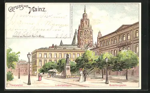 Künstler-AK Mainz, Theaterplatz mit Ludwigstrasse und Gutenbergplatz