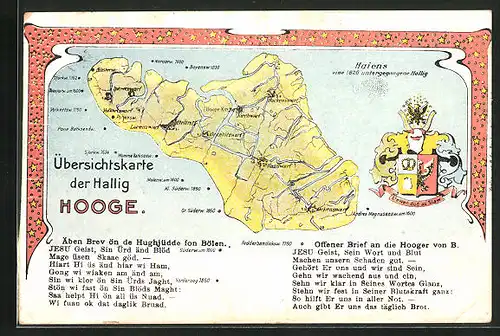 Künstler-AK Hallig Hooge, Landkarte mit Hanswarf, Deckenswarf u. Gr. Süderw.