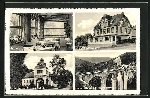 AK Emmelshausen, Gasthaus Waldfrieden, Terrasse, Sauerbrunnen Thauma-Quelle