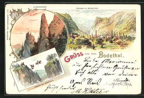 Lithographie Bodethal, Eingang, Sprung ins Bodethal, Hirschfrund