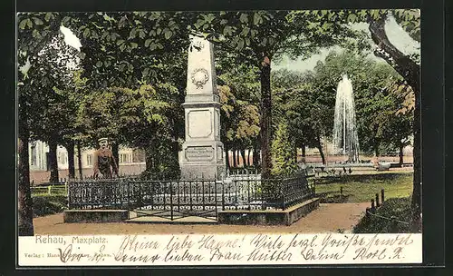 AK Rehau, Maxplatz mit Denkmal u. Fontäne