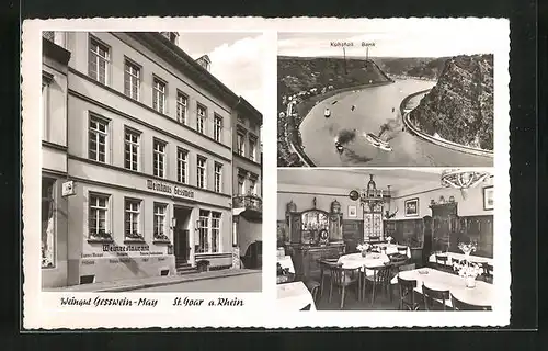 AK St. Goar a. Rhein, Weingut Gesswein-May, Innenansicht, Uferpartie mit Kuhstall u. Bank