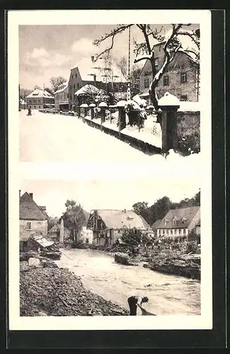 AK Bad Berggiesshübel, Hauptstrasse mit Martin-Apotheke vor und nach der Katastrophe 1927