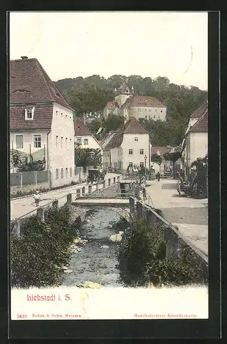 AK Liebstadt i. S., Uferpartie mit Brücke