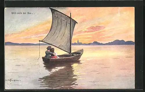 Künstler-AK Ad. Hoffmann: Liebespaar schaut Sonnenuntergang auf Segeboot an