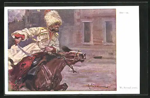 Künstler-AK sign. W. Kossak: Kosake mit Säbel auf galoppierendem Pferd