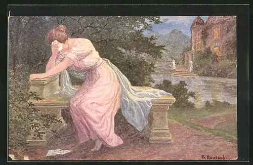 Künstler-AK sign. Fr. Rowland: Weinende Frau mit geöffnetem Brief im Schlossgarten