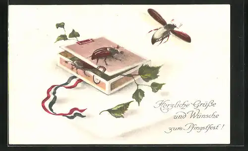 Künstler-AK Maikäfer kommen aus Schachtel, Pfingstgrüsse