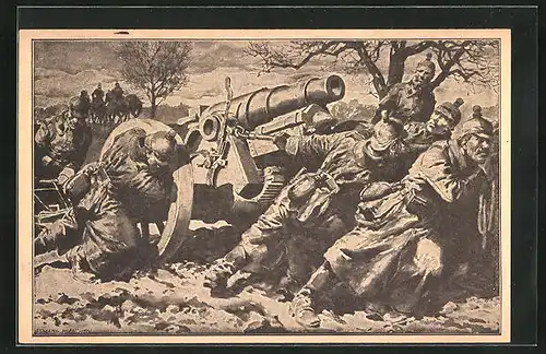Künstler-AK Anton Hoffmann - München: Soldaten bringen schwere Feldhaubitze