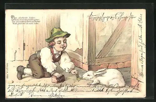 Präge-Lithographie Das allererste Futter, Junge in Tracht füttert Kaninchen
