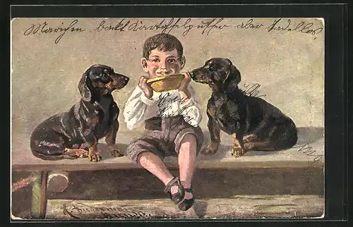 Künstler-AK Bub mit Schale und zwei Dackeln auf Tisch