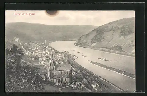 AK Oberwesel a. Rhein, Uferpartie mit Kirche