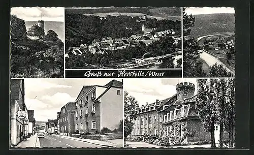 AK Herstelle /Weser, Strassenpartie mit Gasthaus, Gebäudeansicht, Uferpartie