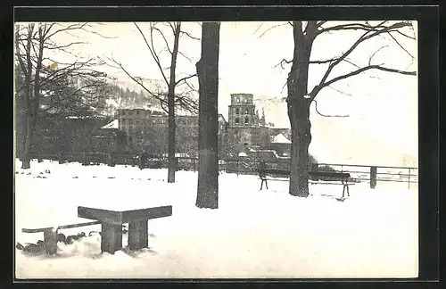 AK Heidelberg, Das Schloss von der Terrasse gesehen zur Winterzeit