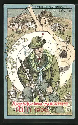 Künstler-AK Rüti, Zürcher Kantonal-Schützenfest 1906, Schütze mit Gewehr und Amor, Schützenverein