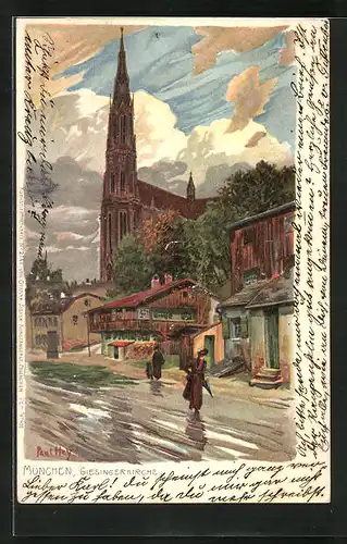 Künstler-Lithographie Paul Hey: München, Giesingerkirche bei Regenwetter