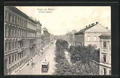 AK Brünn / Brno, Schmerlinggasse, Strassenpartie mit Strassenbahn