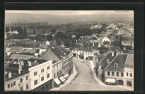 AK Wischau / Vyskov, Strassenpartie mit Drogerie aus der Vogelschau