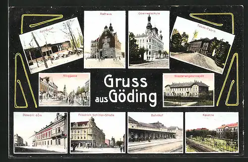 AK Göding / Hodonin, Bahnhof, Kaserne, Tabak-Fabrik