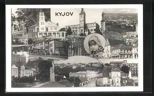 AK Kyjov, Mädchen mit Kopfschmuck, Denkmal, Strassenpartie aus der Vogelschau