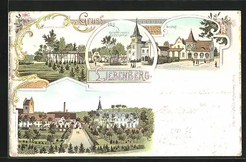 Lithographie Liebenberg, Gasthof, Kaiserbrünnen u. Schlossportal, Fasanerie am See