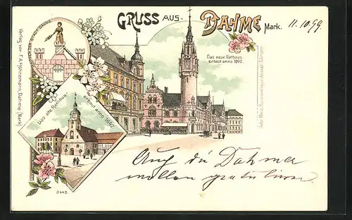 Lithographie Dahme / Mark, Altes und neues Rathaus, Wappen der Stadt