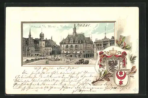 Passepartout-Lithographie Halle a. S., Markt u. Rathaus mit Strassenbahn, Wappen
