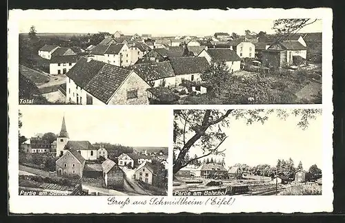 AK Schmidtheim /Eifel, Totalansicht, Partie am Schloss, Partie am Bahnhof