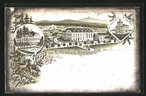 Lithographie Kretzscham-Rothensehma, Ortspartie mit Eisenbahn, Aussichtsturm auf Fichtelberg, Ententeich