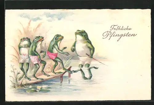 Lithographie Pfingstgruss, Frosch mit Gerte zwingt die kleinen Frösche ins Wasser