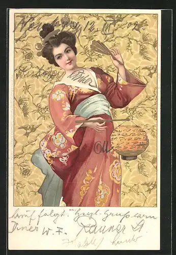 AK Asiatin im Kimono mit Lampion und Fächer, Jugendstil