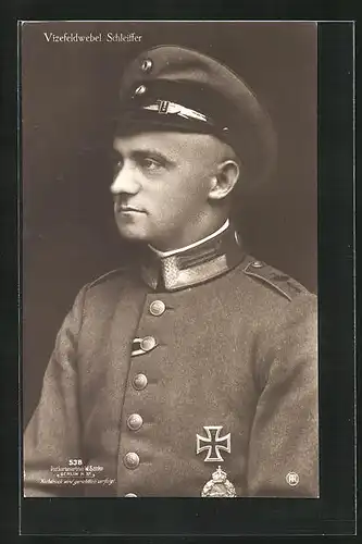 Foto-AK Sanke Nr. 538: Vizefeldwebel Schleiffer in Uniform mit Schirmmütze