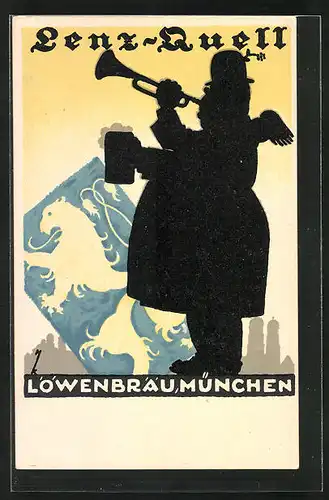 Künstler-AK München, Gasthaus Löwenbräu, Lenz-Quell, Mann mit Trompete u. Bierkrug, Brauerei-Werbung, Art Deco