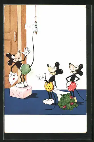 AK Micky Mäuse mit Geschenk und Blumen vor der Tür