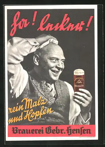 AK M.-Gladbach im Rheinland, Brauerei Gebr. Hensen, Mann mit Bierglas, Brauerei-Werbung