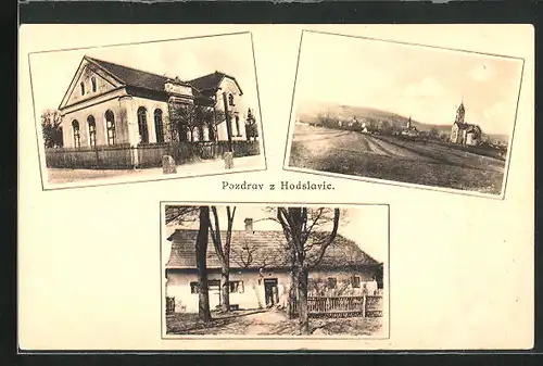 AK Hodslavice, Ortsansicht mit Kirche, Wohnhaus