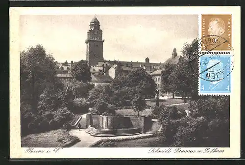 AK Plauen i. V., Schmidtbrunnen und Rathaus