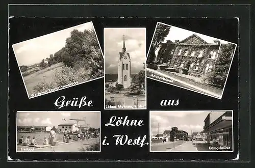 AK Löhne in Westf., Amtsgebäude, Löhne-Mahnen-Kirche, Freibad