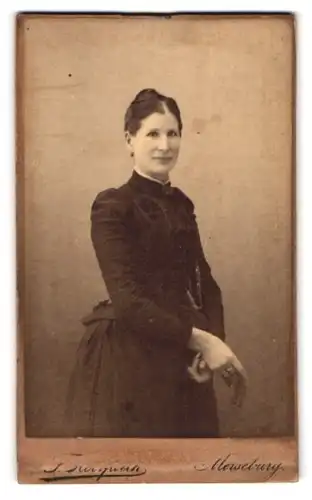 Fotografie F. Herrfurth, Merseburg, Brühl 4, Brünette Dame mit Dutt im schwarzen Kleid