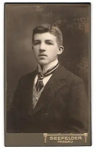 Fotografie Jos. Seefelder, Passau, Ludwigstrasse 26, Portrait junger Herr im Anzug mit Krawatte