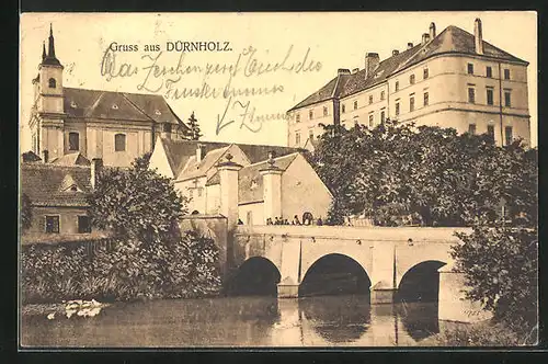 AK Dürnholz in Mähren, Brücke gegen Schloss und Kirche
