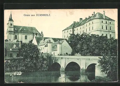 AK Dürnholz in Mähren, Schloss und Kirche vom Ufer aus