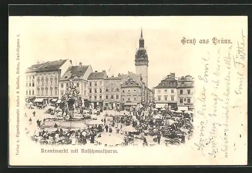 AK Brünn / Brno, Krautmarkt mit Rathausturm