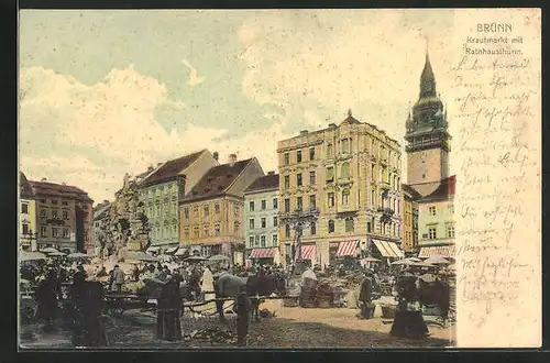 AK Brünn / Brno, Krautmarkt mit Rathausturm