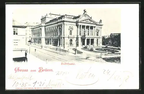 AK Brünn / Brno, Strassenpartie mit Stadttheater