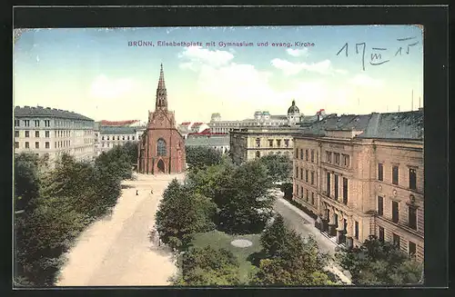 AK Brünn / Brno, Elisabethplatz mit Gymnasium und evang. Kirche